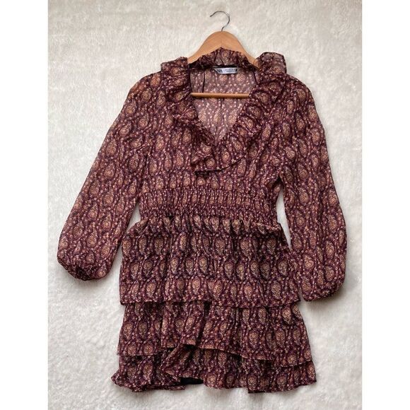 Zara Ruffled Printed Metallic Long Sleeve Mini Dress, Size Small - Picture 10 of 15